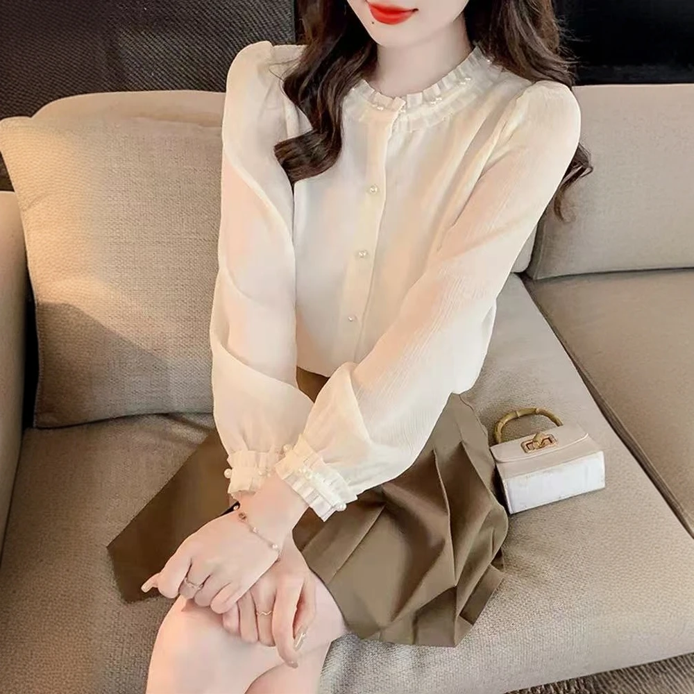 法式重工钉珠圆领衬衫女2025春季新款别致设计感小众长袖上衣98