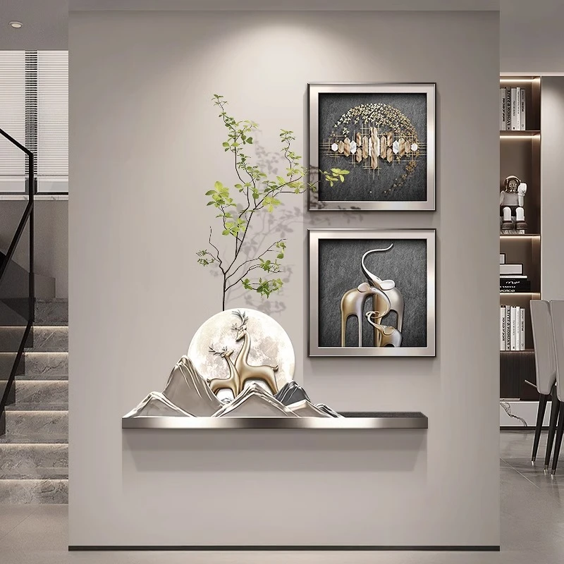 轻奢风福鹿玄关组合装饰画抽象大象走廊三联壁画绿植客厅餐厅挂画