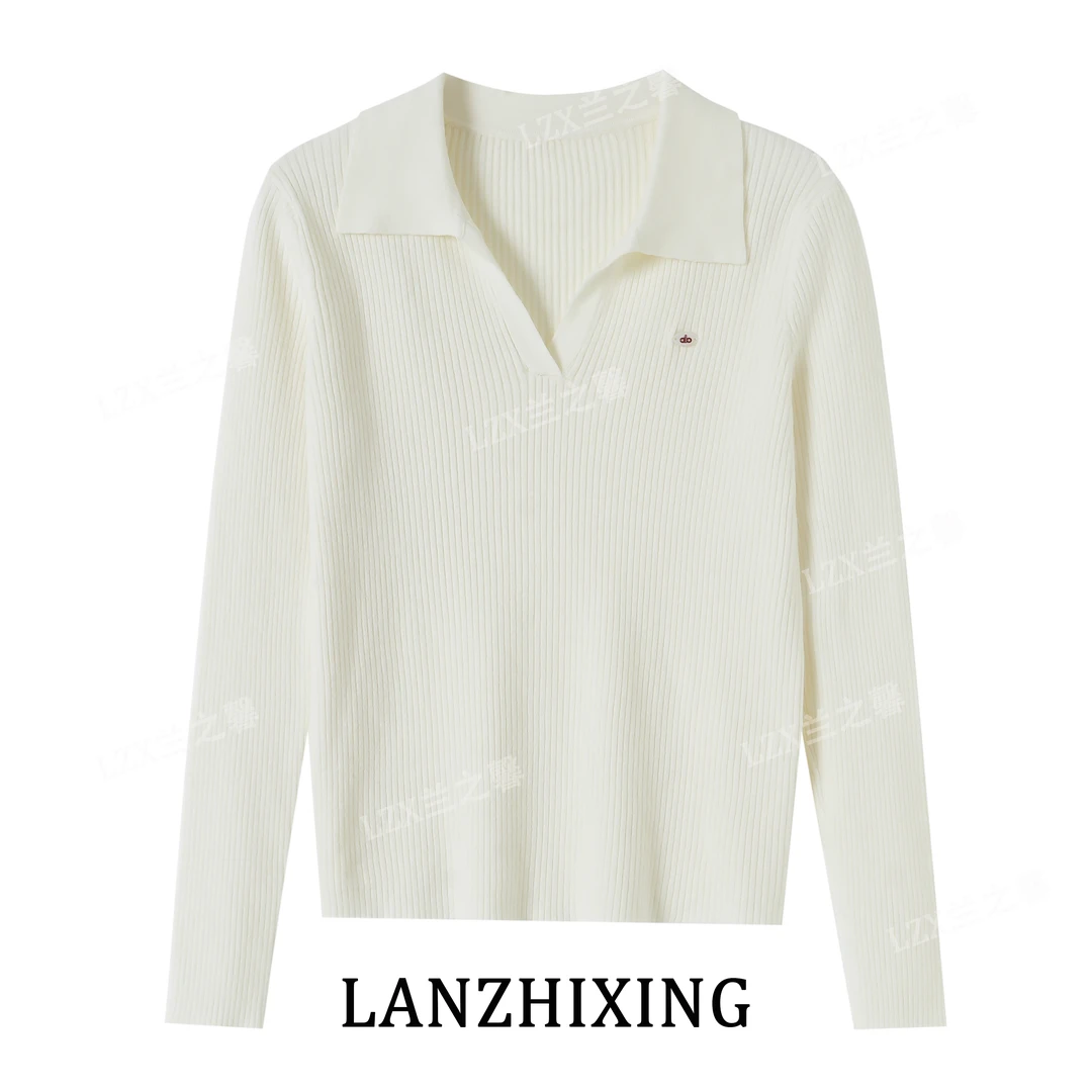 1005秋季新款简约气质POLO领长袖针织衫上衣女