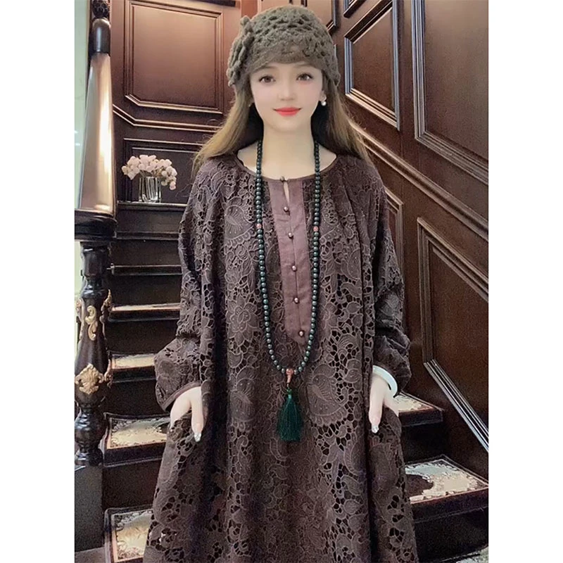 气质宽松圆领镂空纯色连衣裙女欧洲站2025秋季新款时尚休闲长裙潮