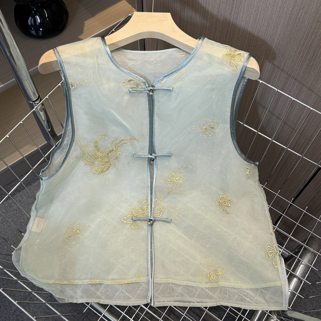 【瑾玉】夏季新款马甲新中式宽松圆领网纱绣花上衣马夹女款