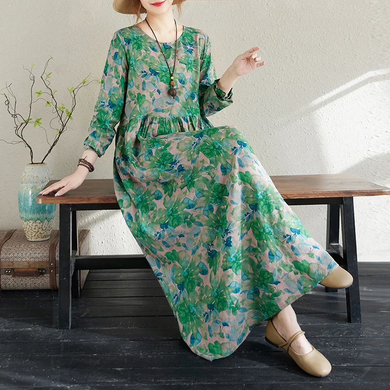 2025秋季新款胖mm妈妈装民族风圆领长袖长裙宽松显瘦印花连衣裙薄