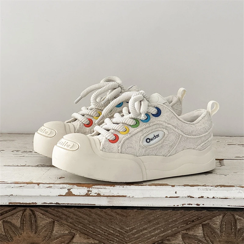 CPOZ明星同款开口笑帆布鞋内增高厚底圆头黑白大头鞋