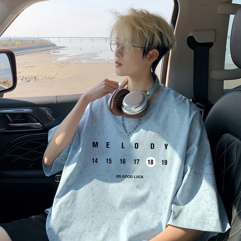 霄桂姿夏季重磅圆领印花短袖t恤男青少年新款港风休闲上衣五分袖