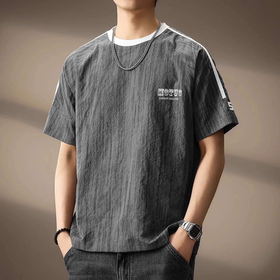 高端凉感美式拼接短袖T恤男士夏季冰丝薄款条纹潮牌印花半袖上衣