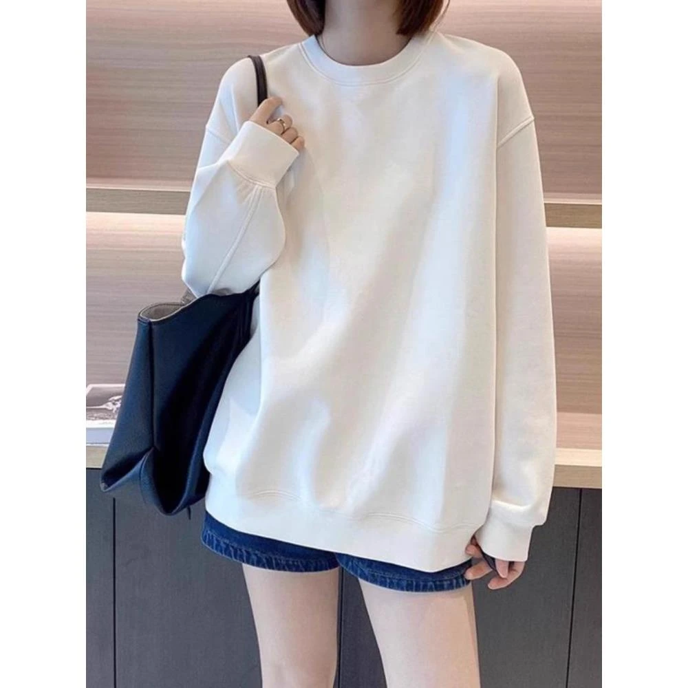 白色长袖纯棉卫衣女2025春秋冬新款慵懒风宽松中长款休闲打底上衣