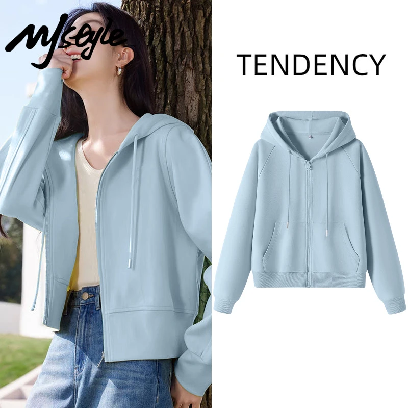 MJSTYLE2025减龄款连帽卫衣雾霾蓝色带印花潮流百搭款显瘦时尚女