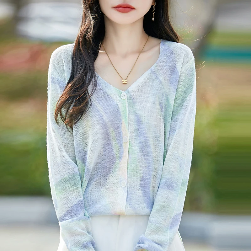 夏季薄款扎染印花V领开衫女亚麻透气防晒针织衫宽松洋气配裙外搭