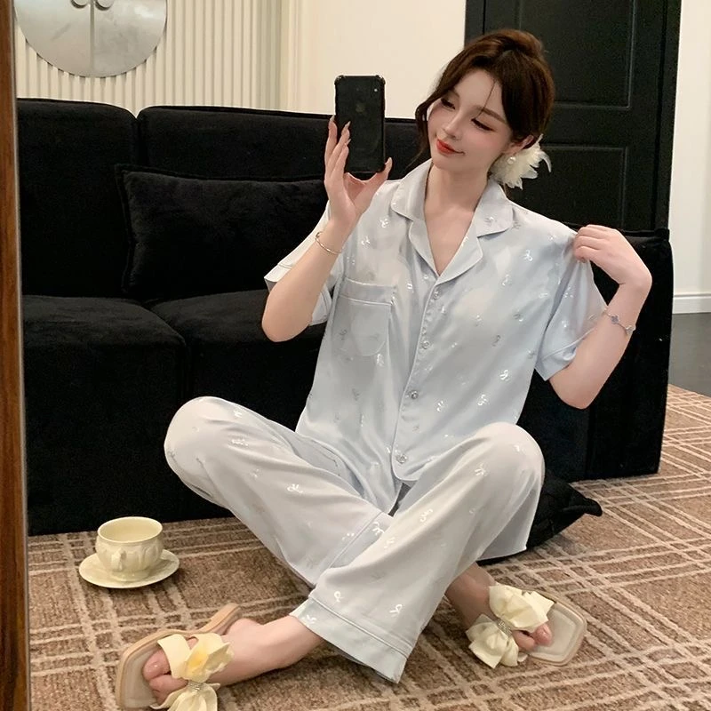 2025年春夏高级定制新款冰丝短袖睡衣女套装家居服~【D】