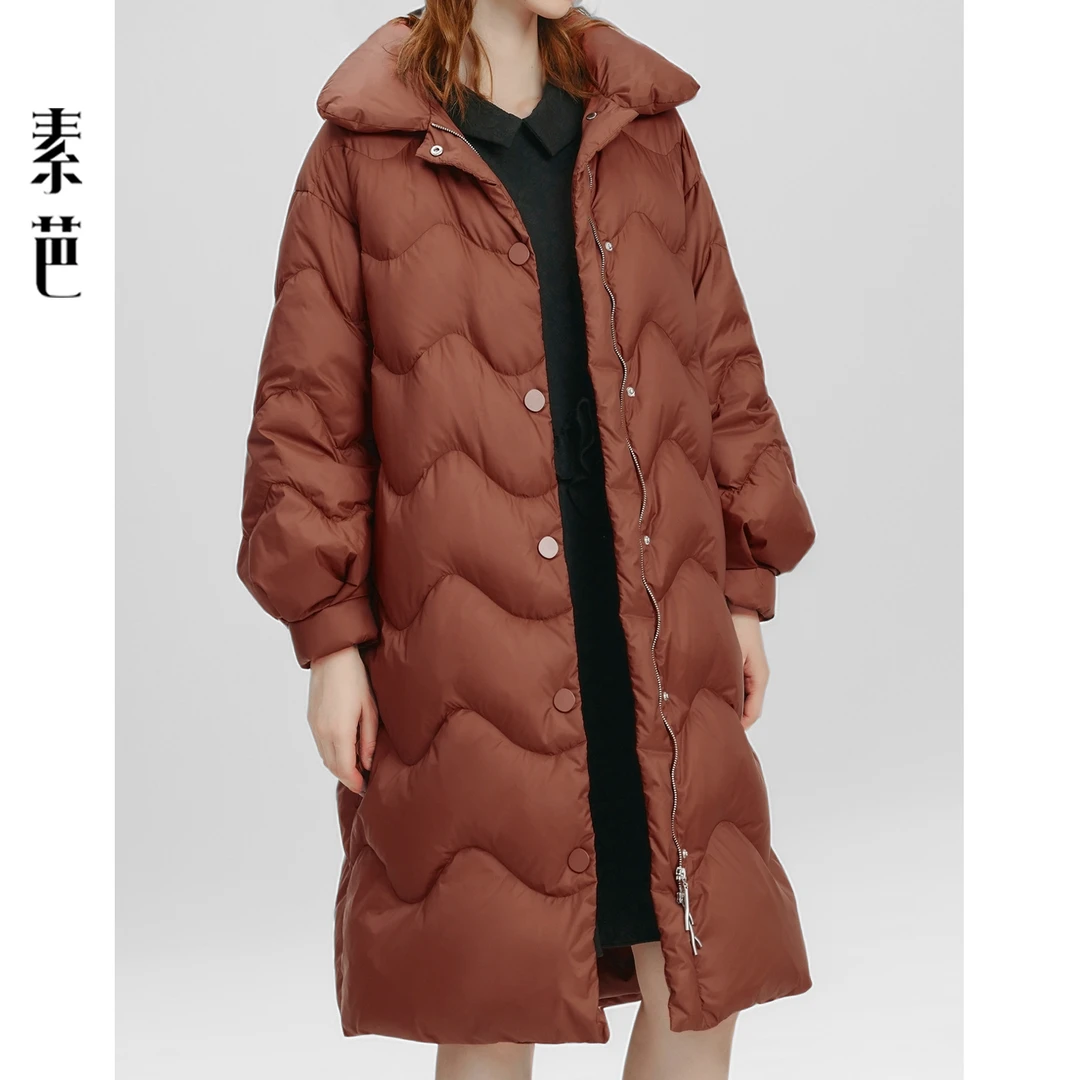 素芭曲边翻领羽绒服女士冬季摩登复古时尚百搭休闲保暖外套SJ0102