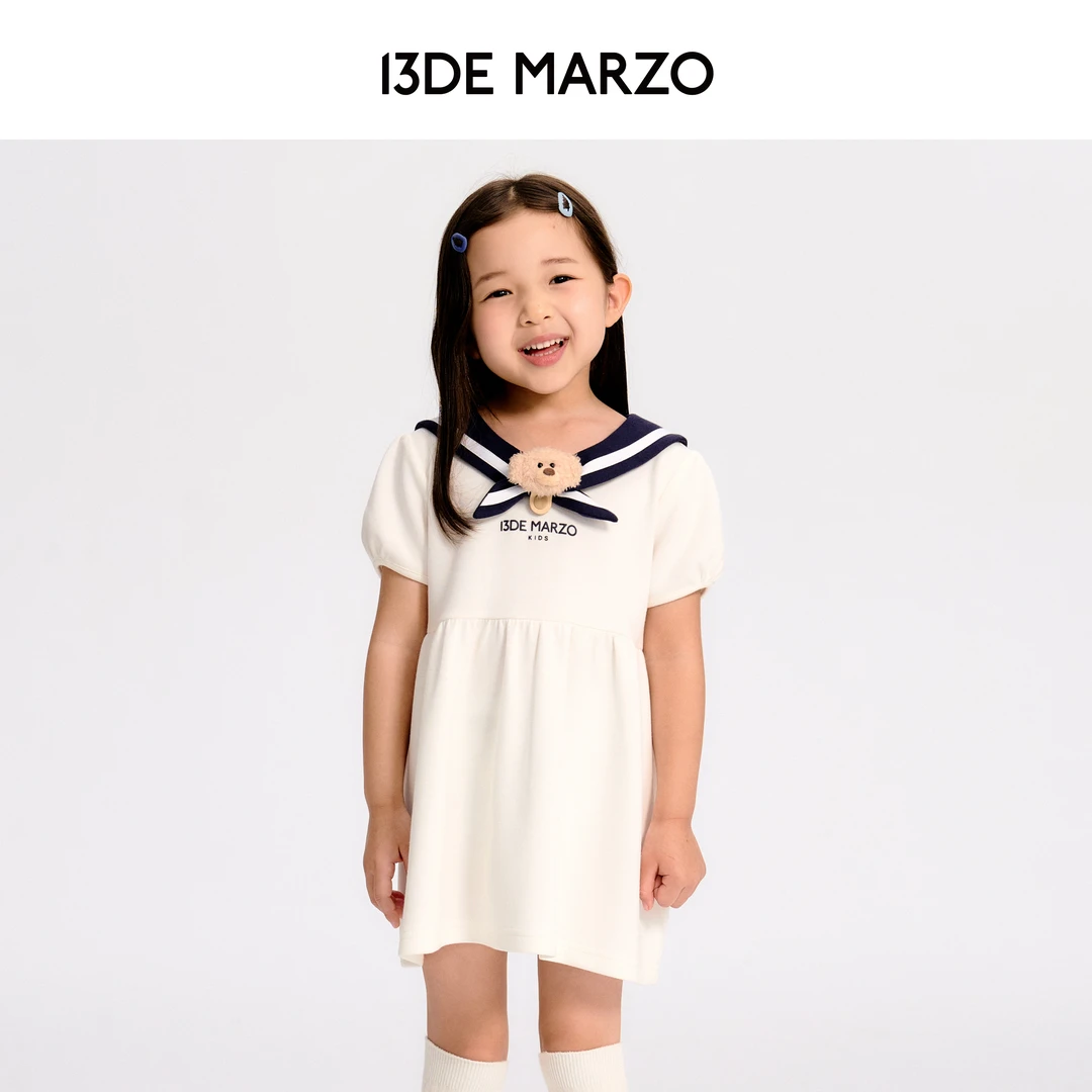 13DE MARZO童装 女童25早春新款海军风连衣裙可爱泡泡袖儿童裙子