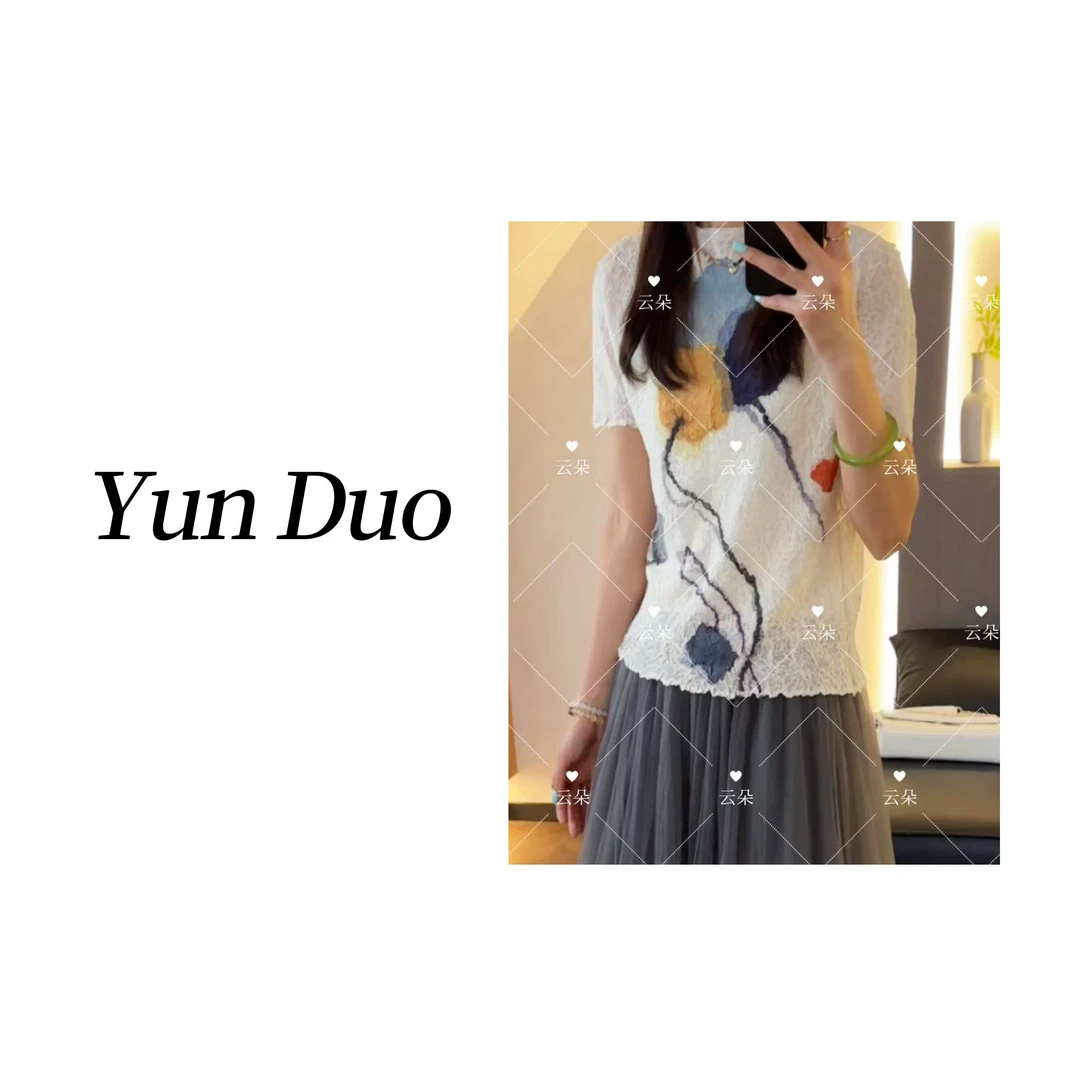 云朵定制【彩墨】设计感立体油画荷花褶皱短袖LB78