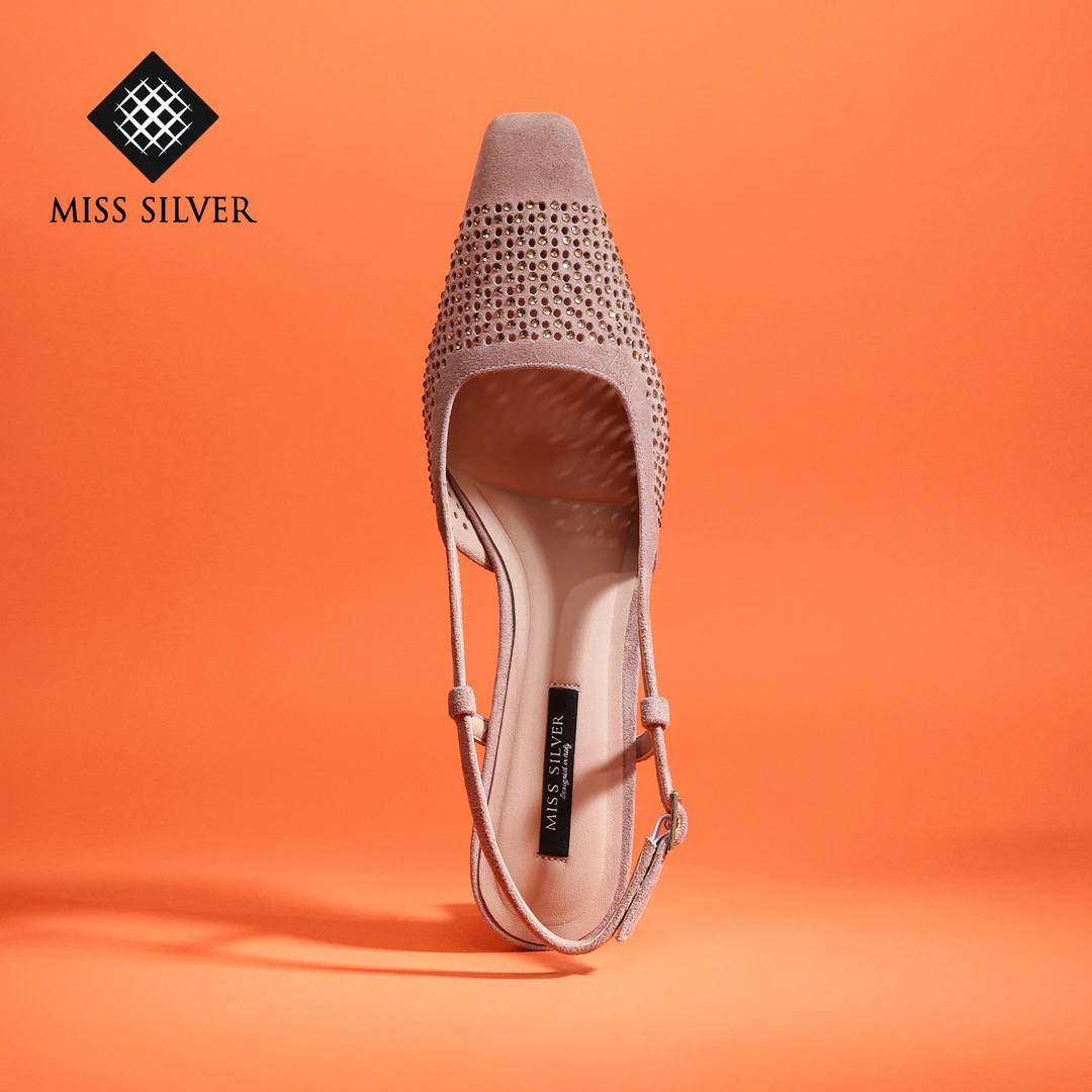 MISSSILVER小方头高跟凉鞋女2025夏季真皮后空水钻包头性感凉鞋