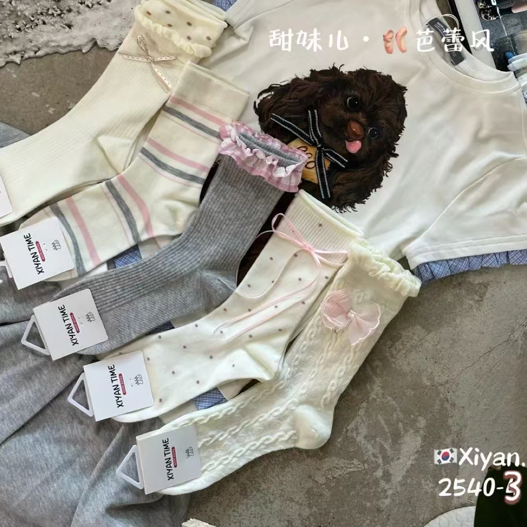 韩系百搭仙女蝴蝶结中筒袜四季新款可爱高颜值少女风