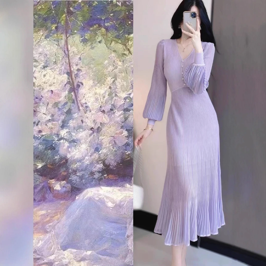 南油高品质名媛风设计感羊毛针织领长袖鱼尾修身连衣裙原创女装