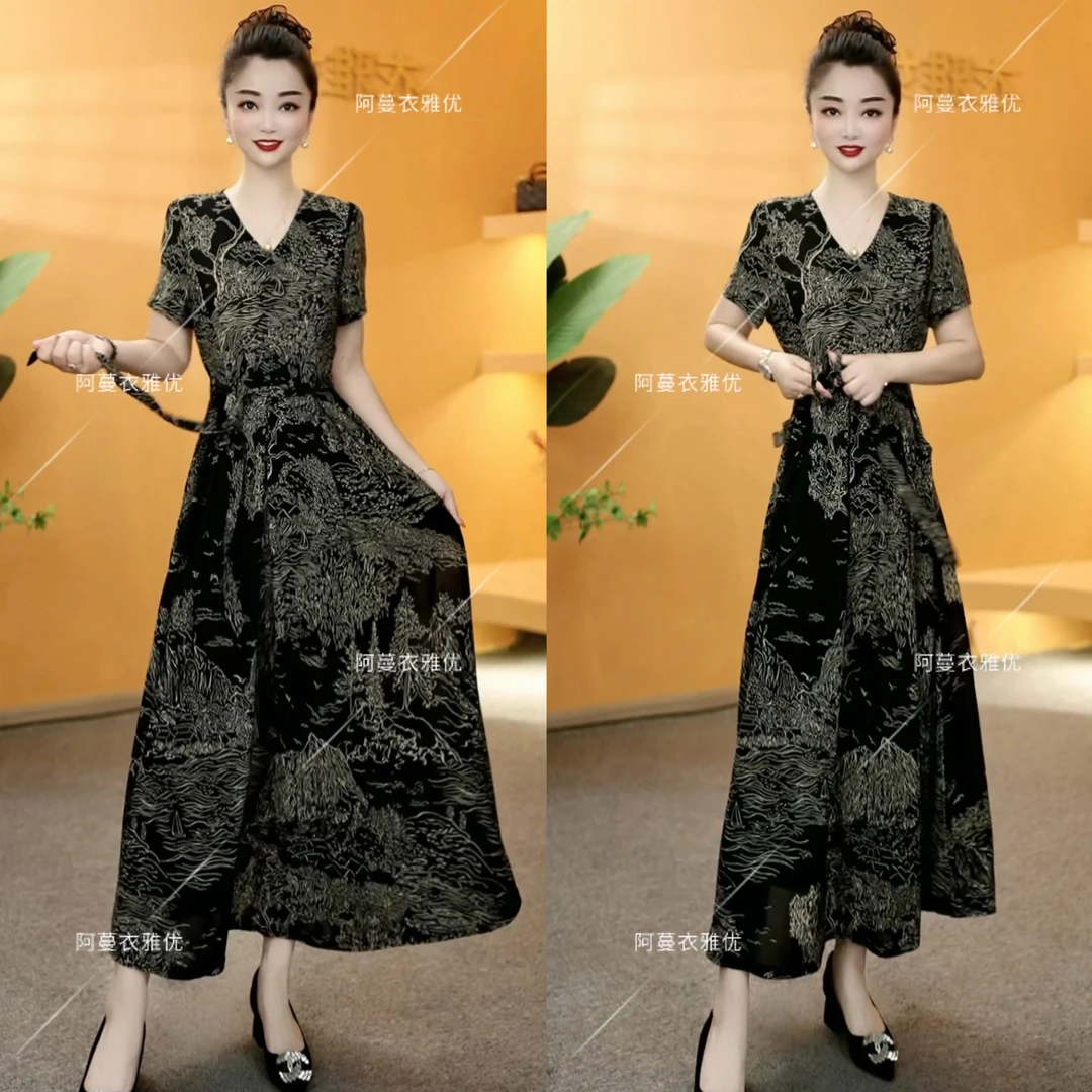 【衣雅严选】8068-2000#夏季新款修身系带大摆长款气质连衣裙