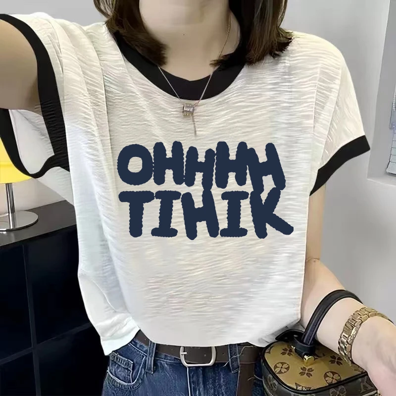 竹节棉白色短袖t恤女夏季新款胖mm遮肉印花撞色圆领显瘦宽松上衣