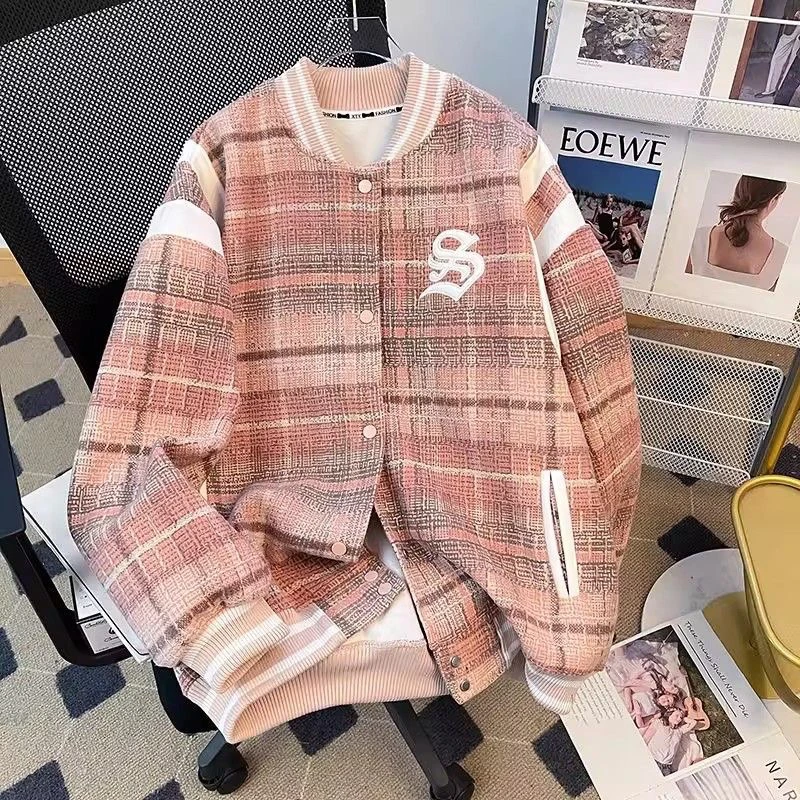 美式格子刺绣外套少女新款春秋装初中高中学生宽松休闲夹克棒球服