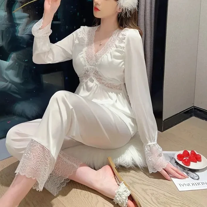 冰丝睡衣女春秋性感纯欲风带胸垫长袖蕾丝2025新款女款家居服套装