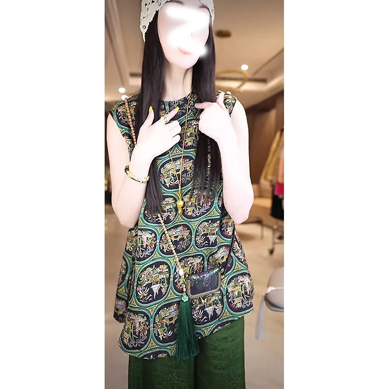 韩版复古宽松无袖背心女2025夏季新款民族风重工印花气质显瘦上衣