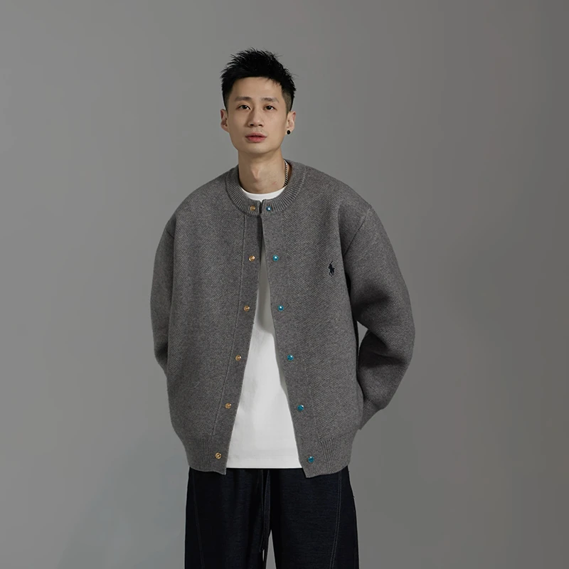 春秋新款复古纯色圆领男女同款宽松休闲潮流百搭毛衣外套86311