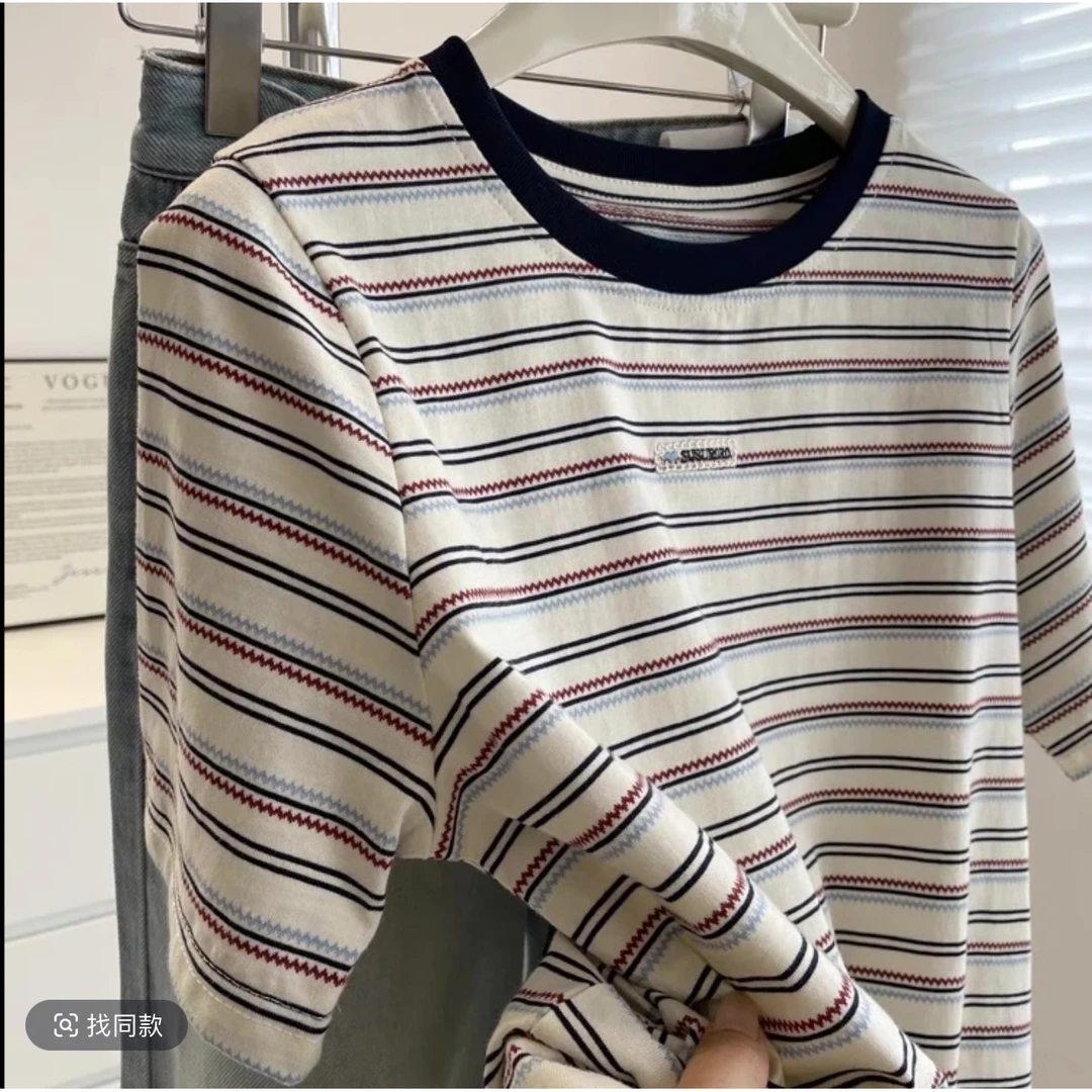 2025年夏季新款复古提花波浪条纹撞色圆领T恤女