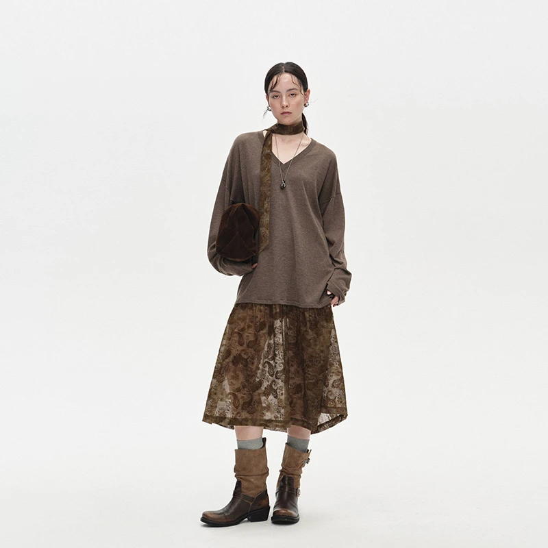 【VENA LABEL】新品25秋冬时尚V领毛织拼接连衣裙女