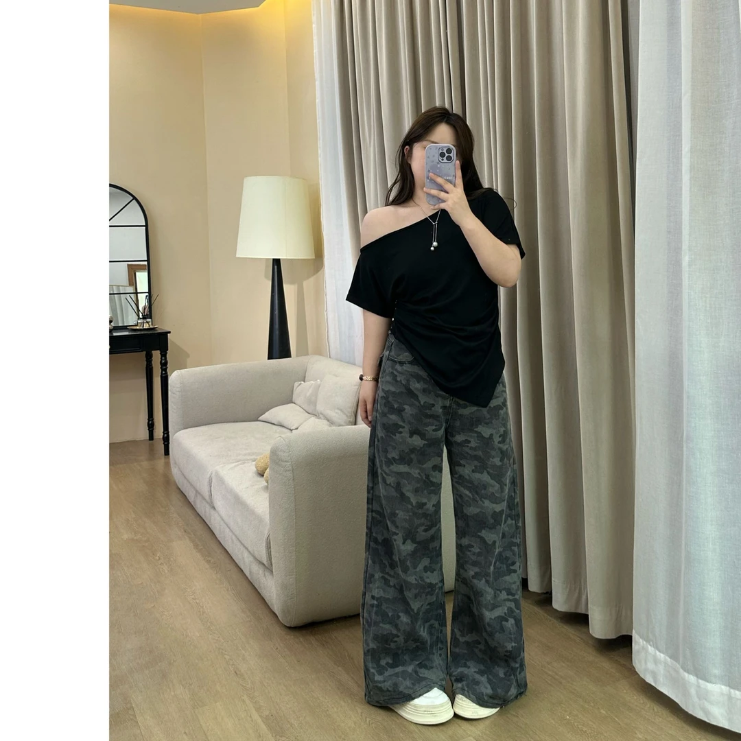 【李乐事】6707#大码迷彩高腰阔腿牛仔裤女宽松新款高端直筒裤子女