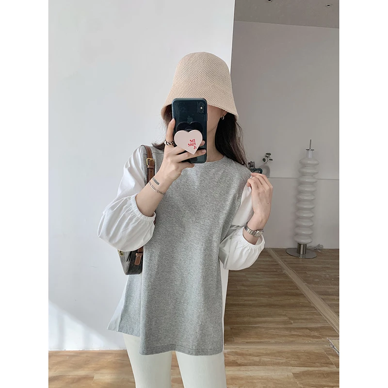 撞色七分灯笼袖T恤 2025春季新款韩版宽松百搭休闲上衣1113