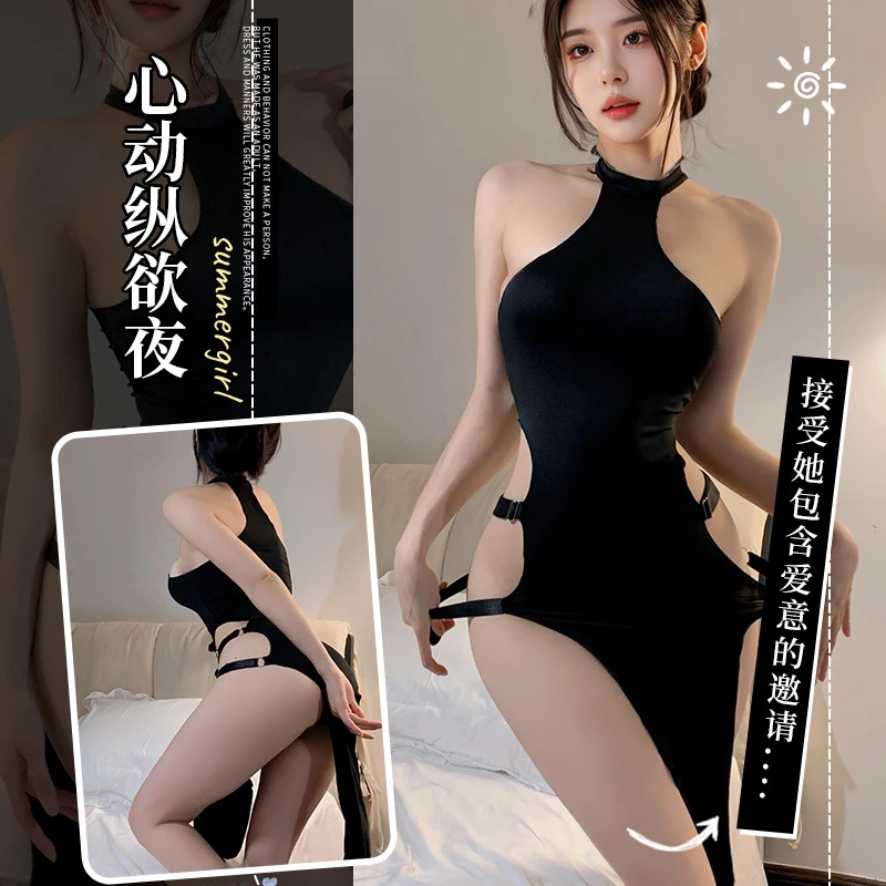 成人高端性感纯色套头无袖镂空侧开叉高腰欧美紧身衣连衣诱惑激情