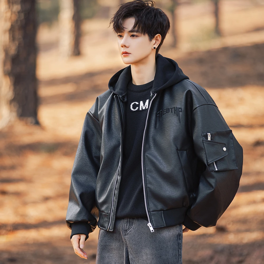 可拆卸冬季美式男士皮衣羽绒服秋冬新款连帽设计休闲加厚保暖外套