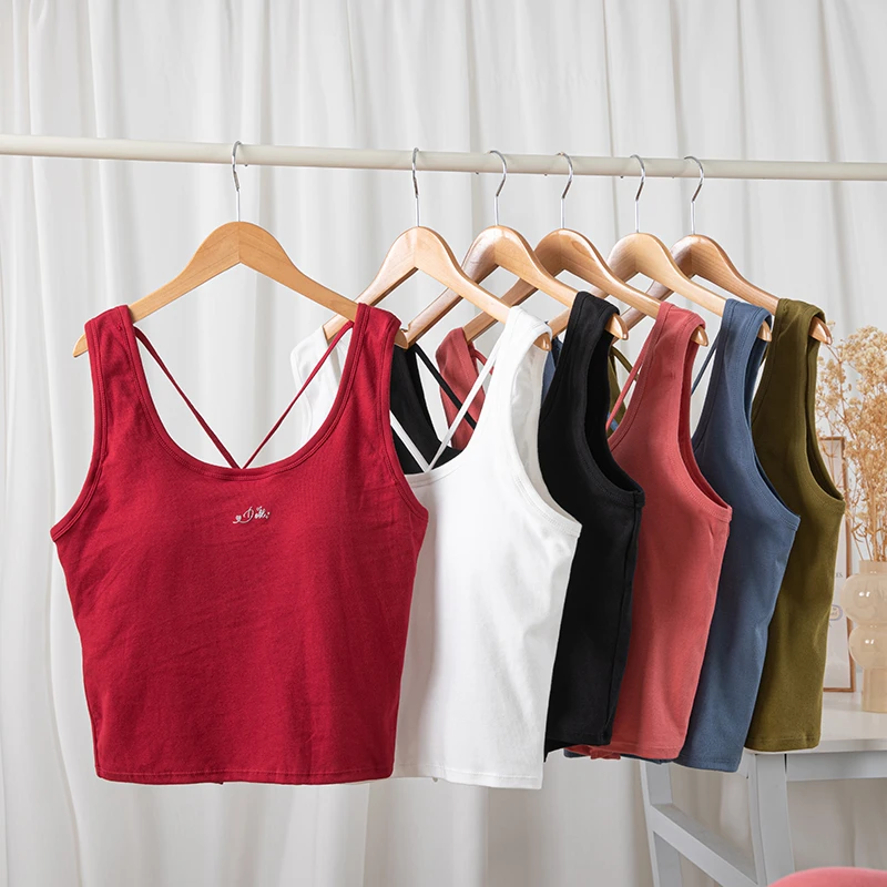 5601 后背交叉肩带开叉纯欲纯色一体杯背心