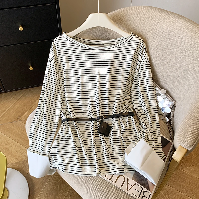 法式撞色条纹圆领长袖T恤女春秋2025薄款减龄收腰遮肚子显瘦上衣
