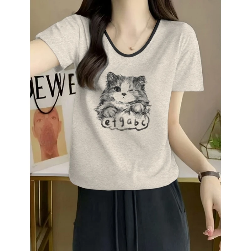 纯棉正肩卡通印花短袖t恤女2025夏季新款宽松洋气花灰色半袖上衣