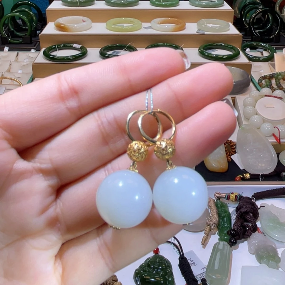 和田玉高品18Ｋ山流水耳环18K金镶嵌