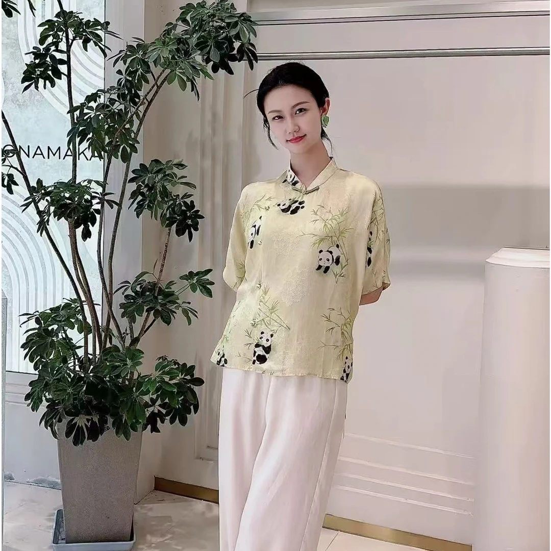 深圳南油女装新中式国风熊猫浅绿色短袖上衣女----特