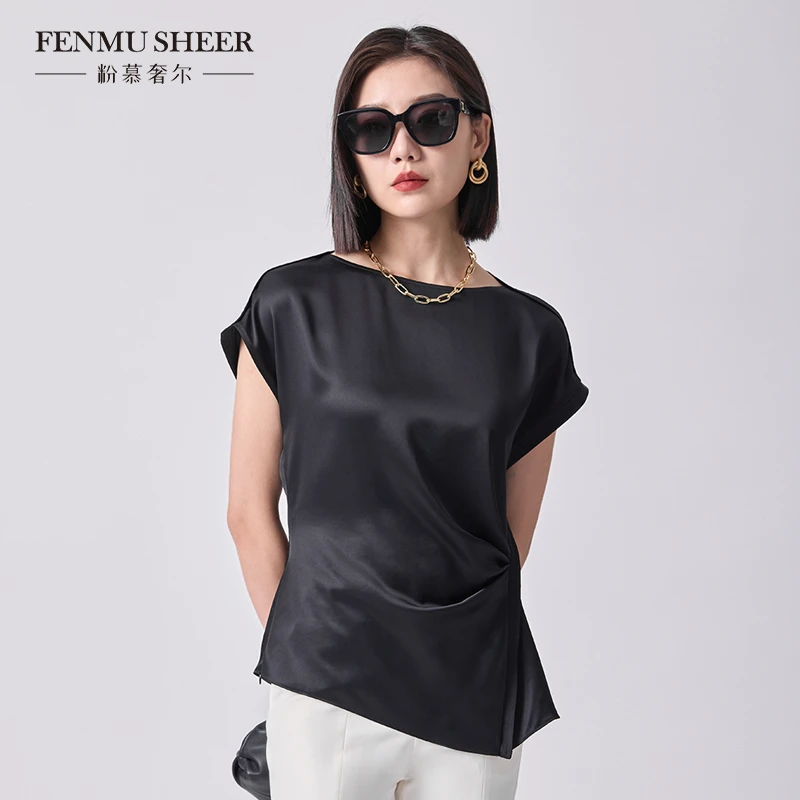 【小余专属】粉慕奢尔『墨韵流光』醋酸混纺光泽捏褶修身上衣-G2131