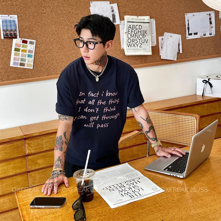 OXFREAK「英文短句刺绣」300g重磅藏青色短袖t恤男圆领宽松半截袖