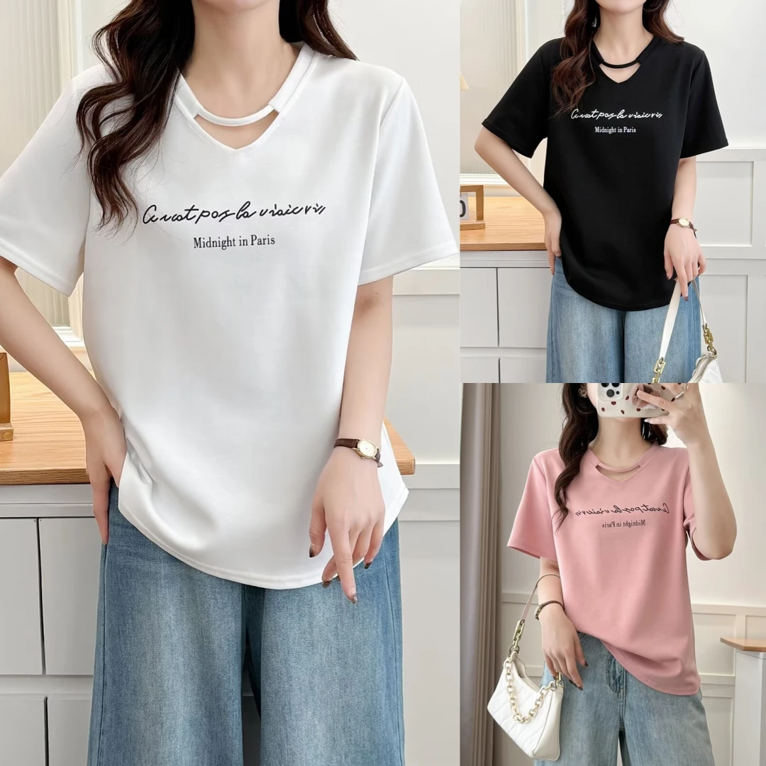 HUIZHIMEI/绘智美大码夏新款洋气显瘦设计感镂空印花字母短袖t恤