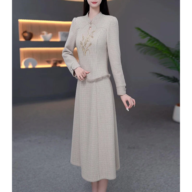 DBF-25B197YR 新款气质轻奢假两件温柔时尚妈妈装连衣裙 M-5XL