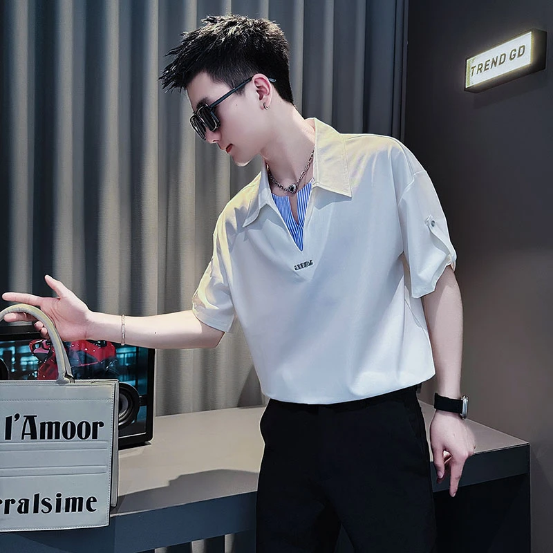 男士短袖衬衫夏季薄款2025新款条纹拼接男生上衣男装英伦痞帅衬衣