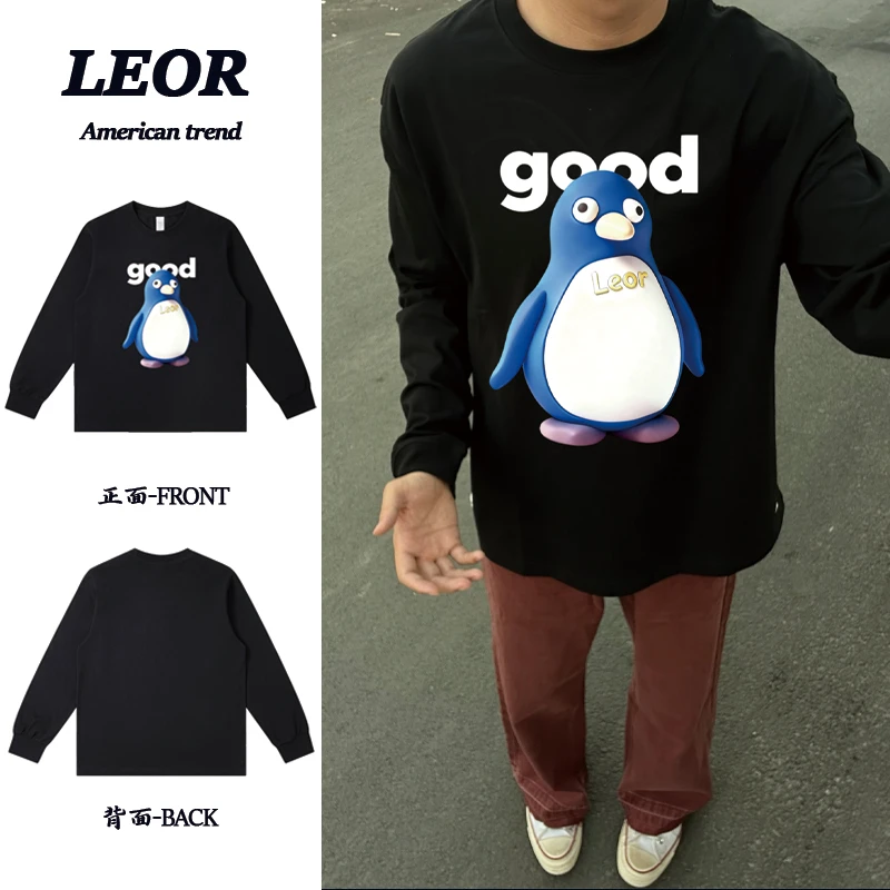 目瞪口呆蓝色企鹅印花重磅纯棉260g休闲宽松圆领长袖T恤 男女同款