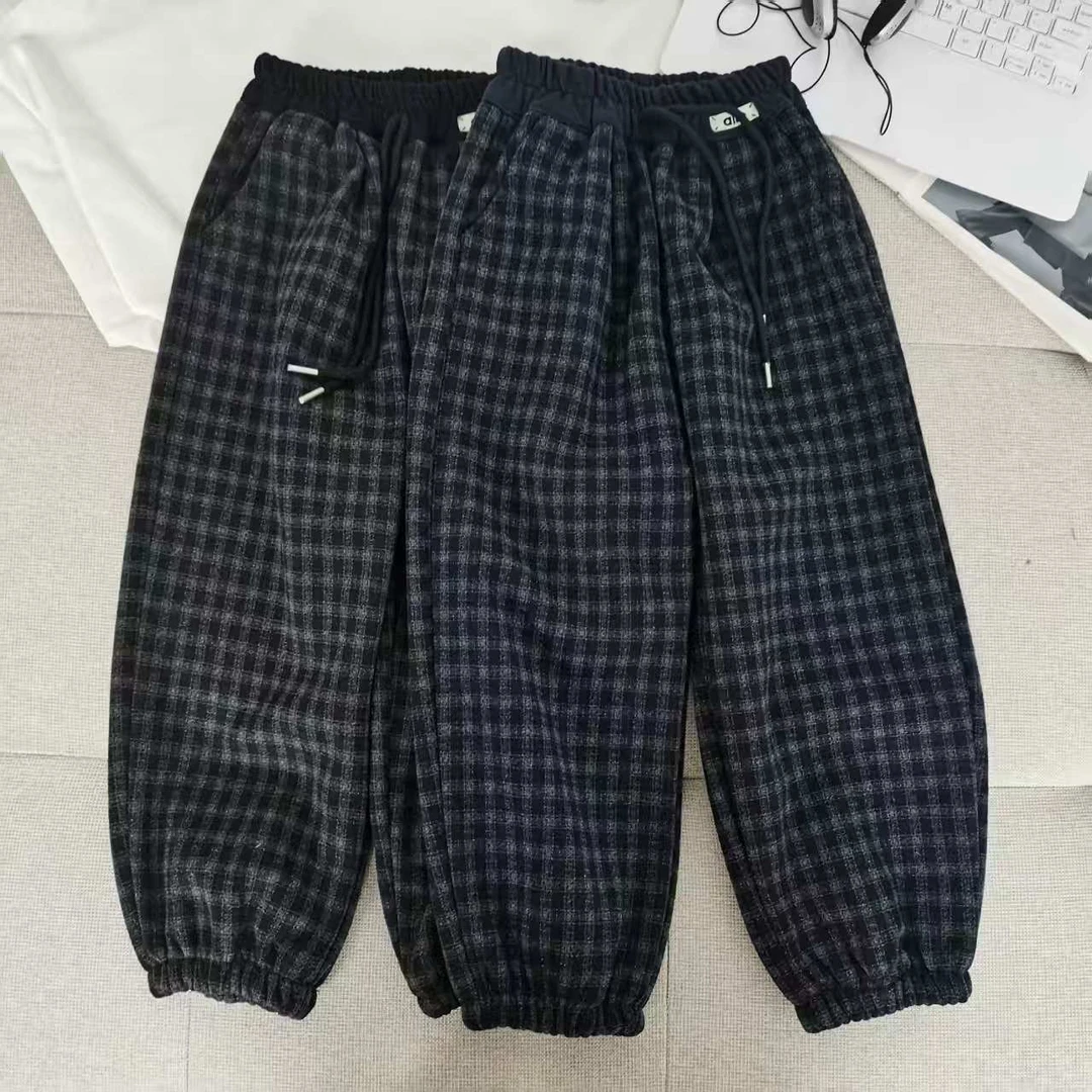 男童加绒加厚秋冬季中大童洋气时尚灯笼格子裤松紧保暖束脚裤