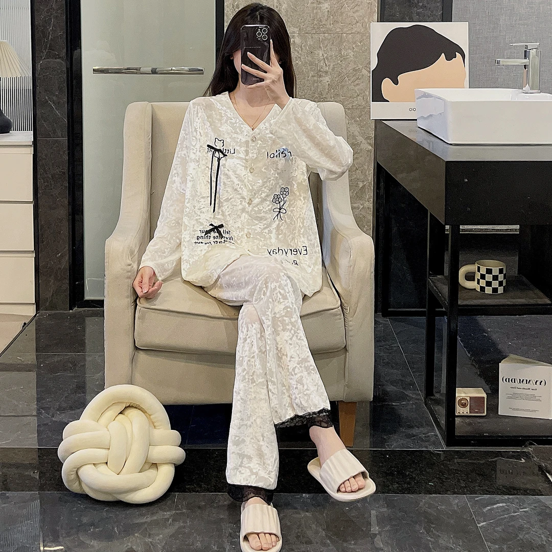 韩系风睡衣女金丝绒秋冬长袖开衫简约字母蝴蝶结长裤家居服套装