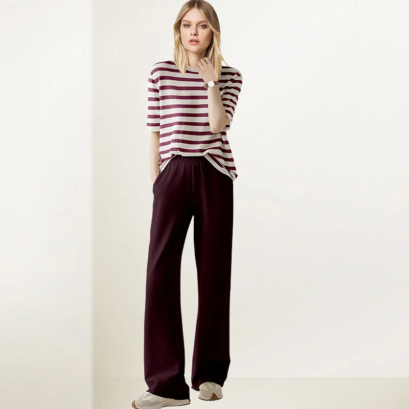 法式休闲松弛感套装女2025年秋新款条纹T恤显瘦阔腿裤减龄两件套