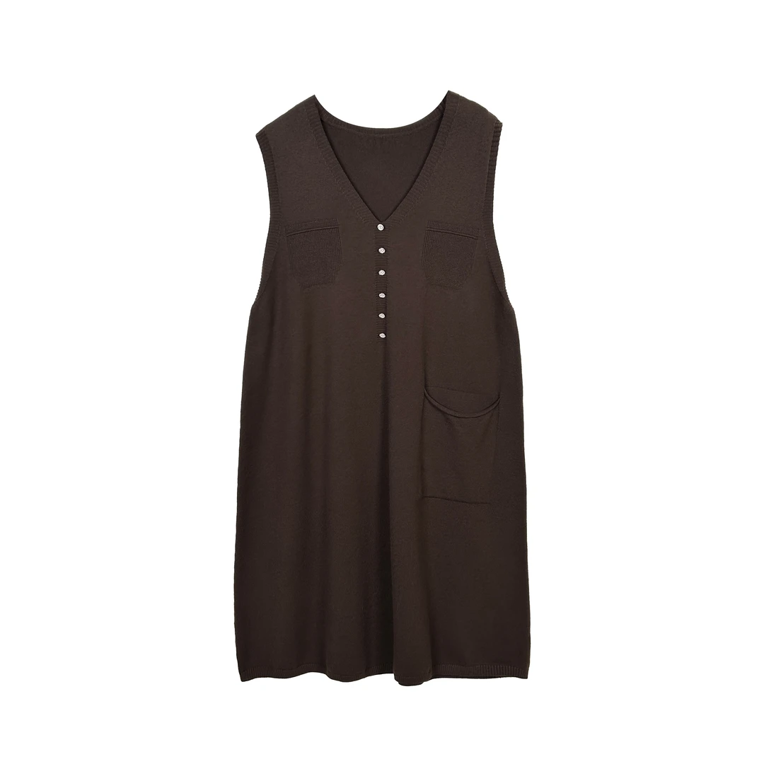 933【大牌女装】-秋冬定制咖色时尚V领中长款无袖连衣裙