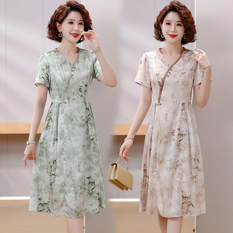 妈妈装新款印花洋气连衣裙中老年女装夏季短袖时尚气质百搭国风裙