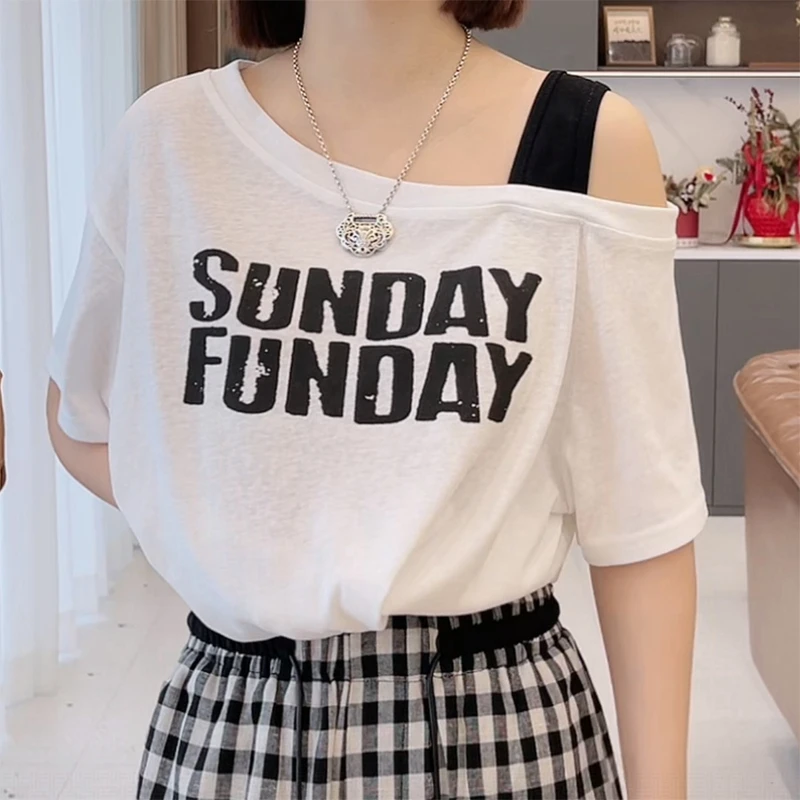 韩版白色宽松短袖T恤女2025夏季新款字母印花百搭设计感打底上衣