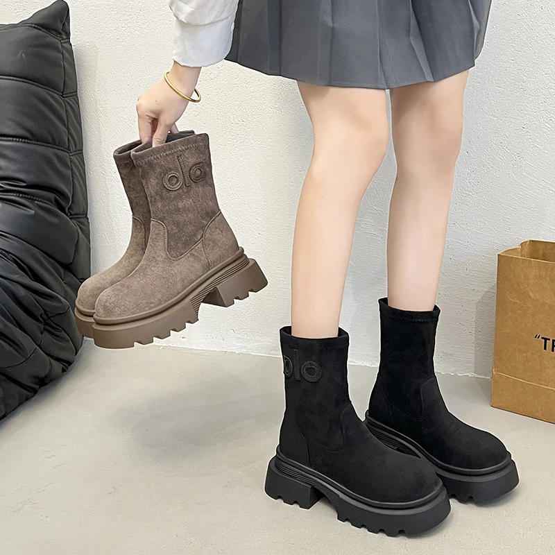 大码女鞋41-43宽胖脚弹力厚底瘦瘦靴女秋冬时尚小个子增高短靴