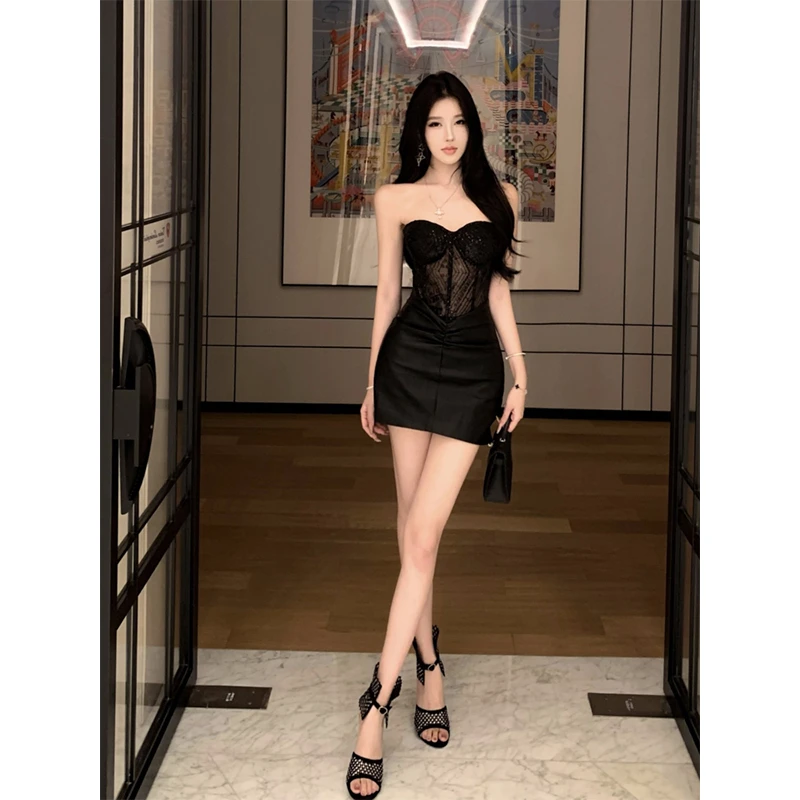 2025秋季新款设计感辣妹蕾丝拼接修身显瘦抹胸连衣裙修身包臀短裙